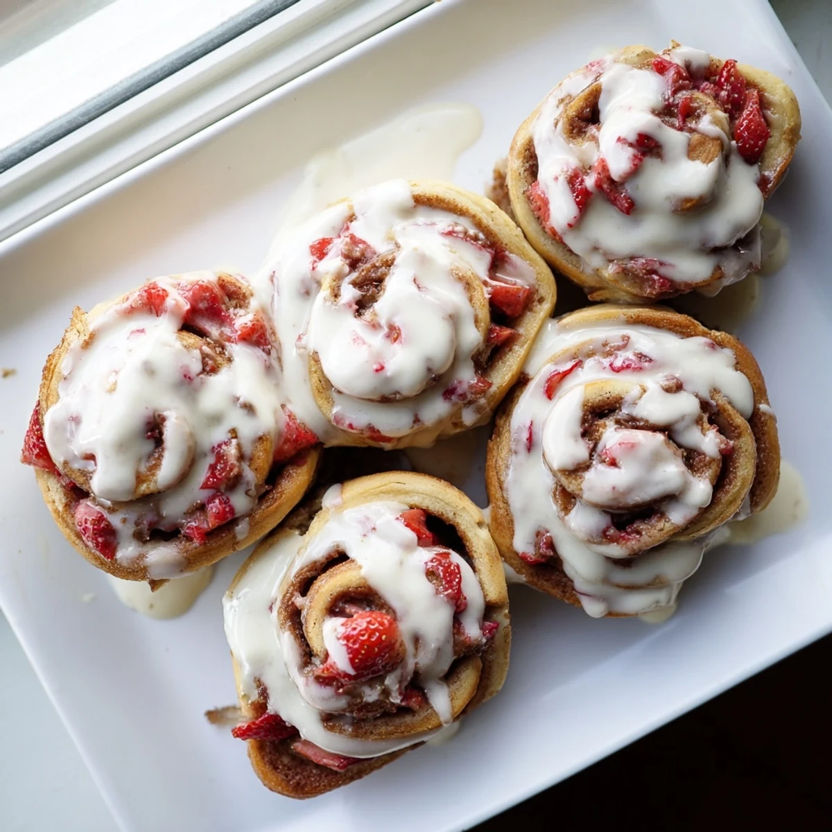 Fluffy homemade strawberry cinnamon rolls with red fruit filling and sweet cream cheese frosting