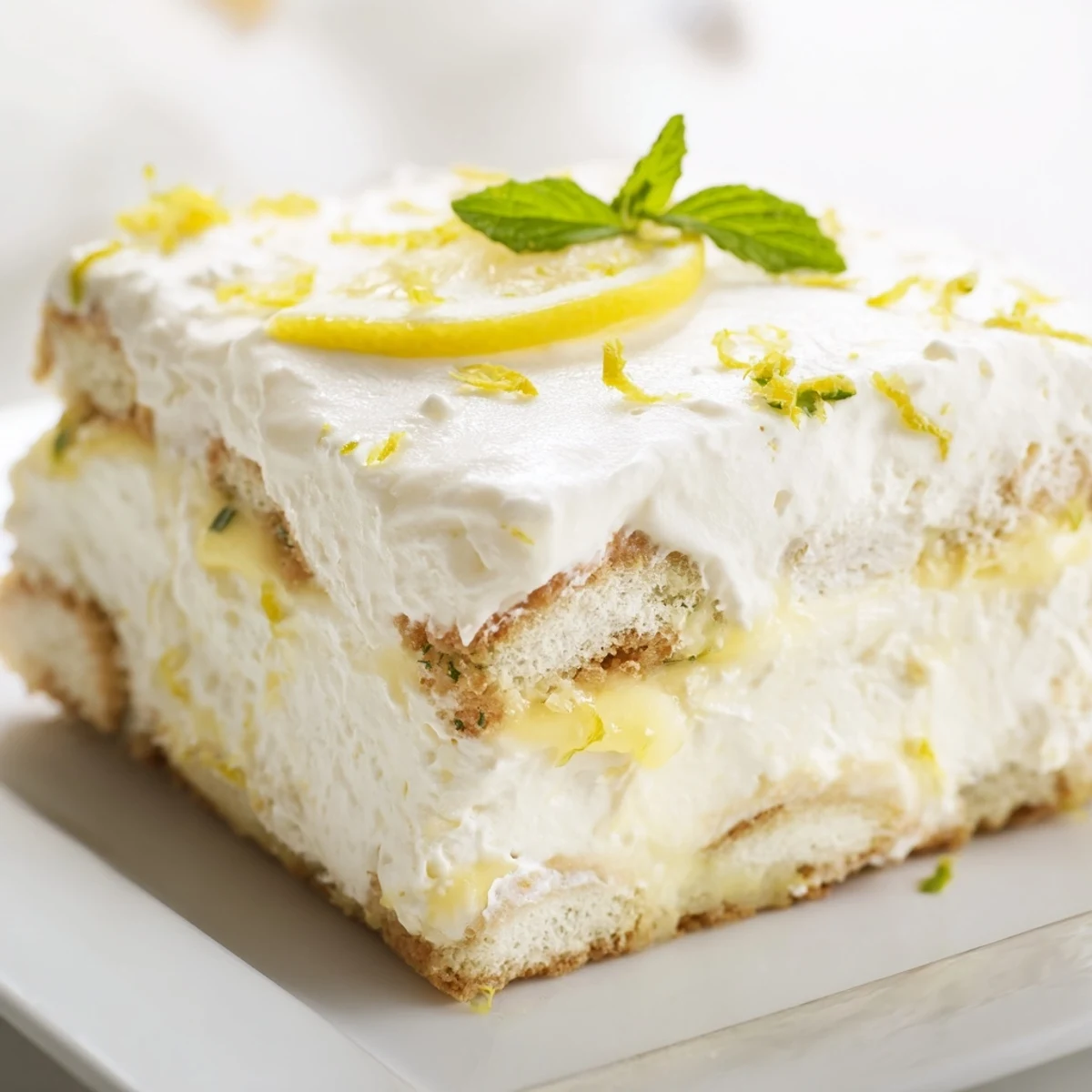 Creamy lemon tiramisu dessert showing alternating layers of soaked ladyfingers and fluffy mascarpone filling in a glass dish