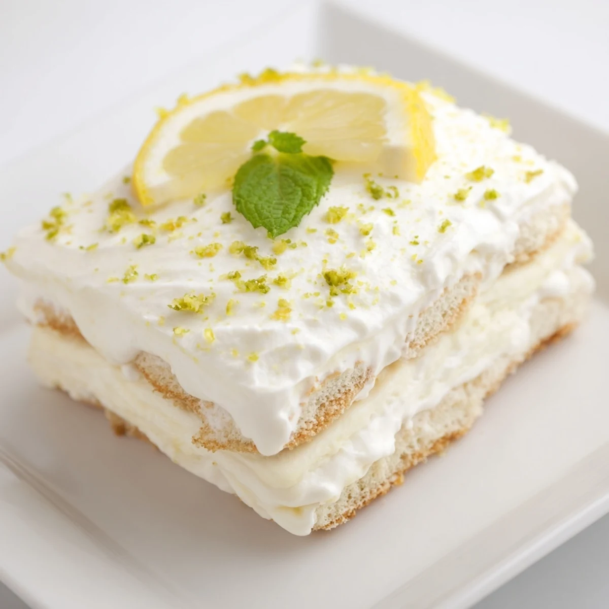 Fresh lemon tiramisu layered with creamy mascarpone and golden lemon-zest garnish on a white plate