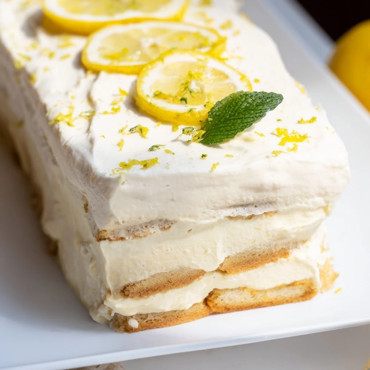Light and zesty fresh lemon tiramisu topped with bright lemon slices and fresh mint sprigs