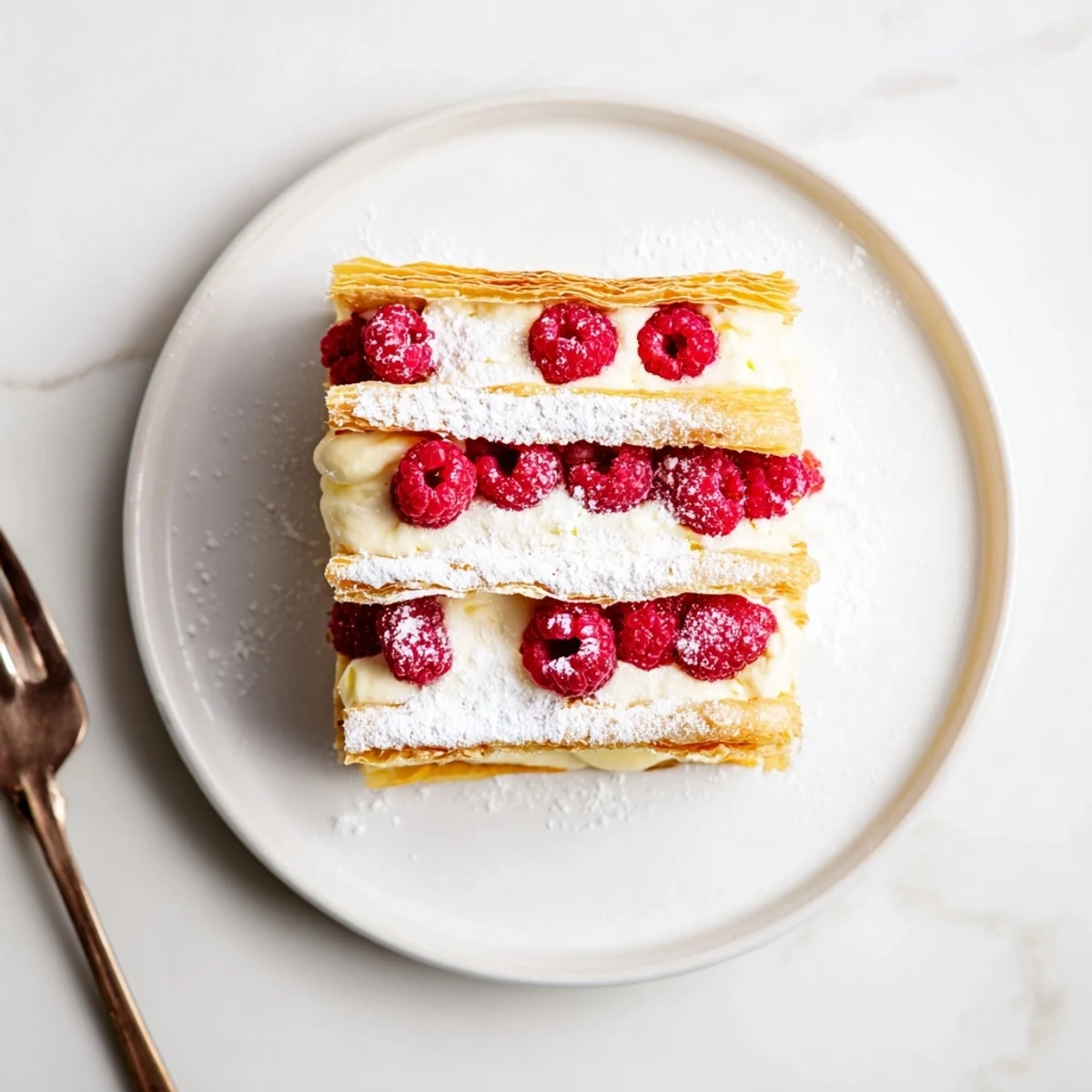 Golden Raspberry Cream Napoleons featuring crisp puff pastry layers and luscious vanilla cream