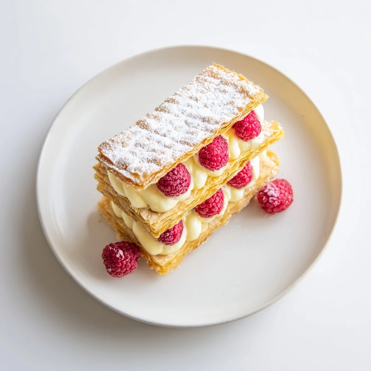 Elegant triple-layer Raspberry Cream Napoleons topped with vibrant berries and sweet vanilla custard