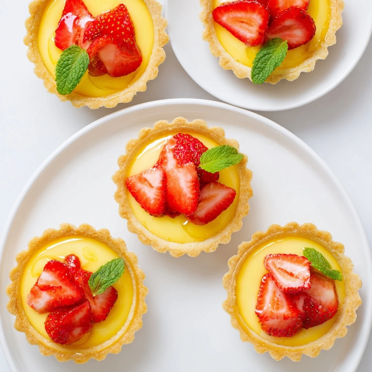 Golden strawberry honey custard tarts featuring lemon curd layers and fresh berry slices