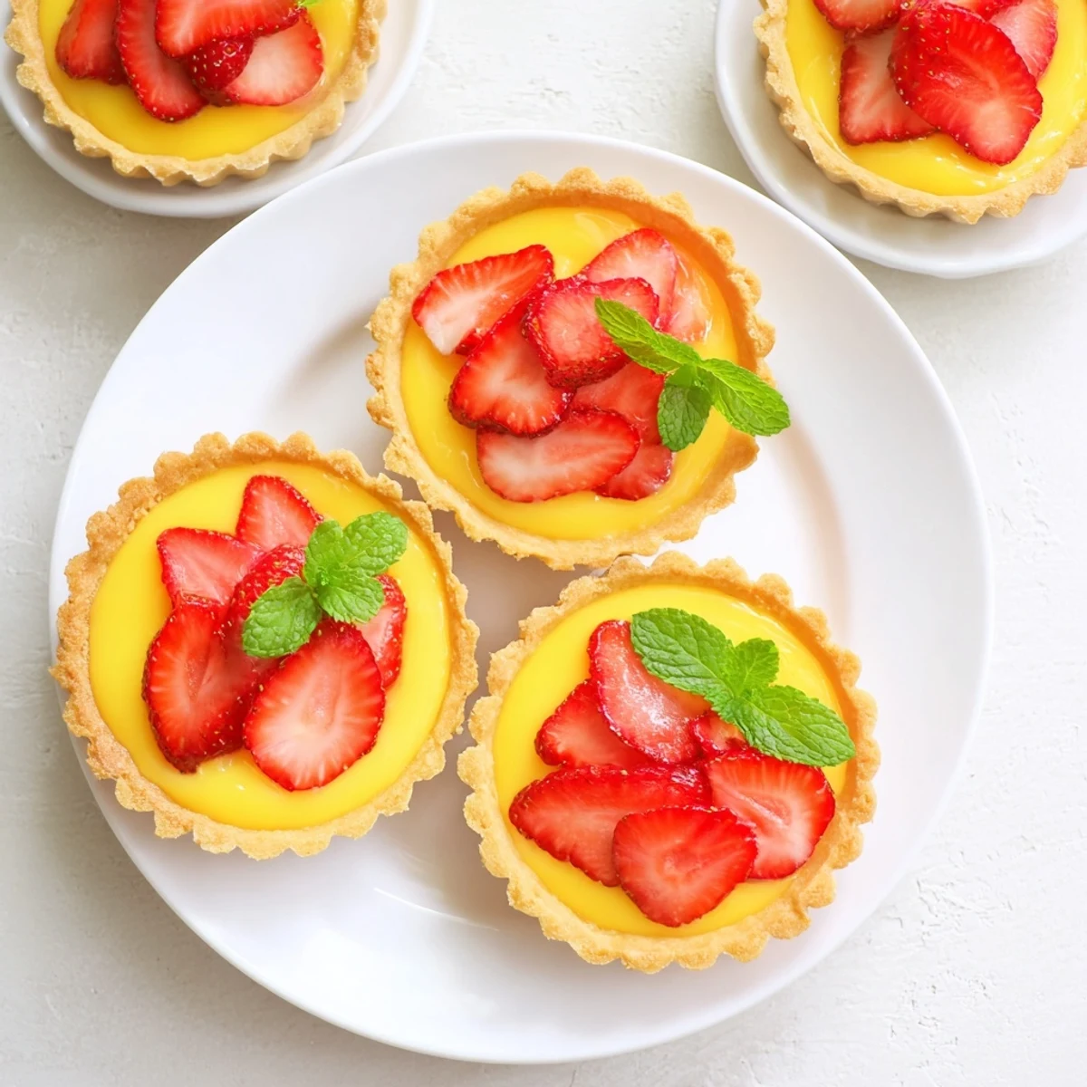 Buttery pastry shells filled with silky honey custard topped with tangy lemon curd and strawberries