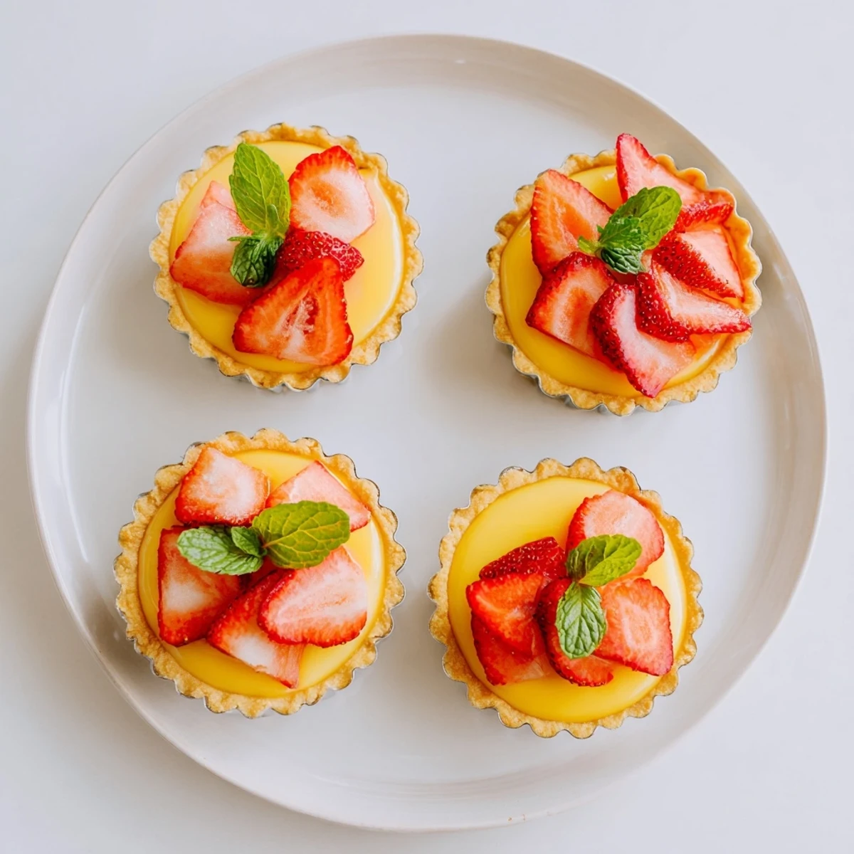 Elegant European dessert tarts with honey vanilla custard lemon curd and ripe strawberry garnish