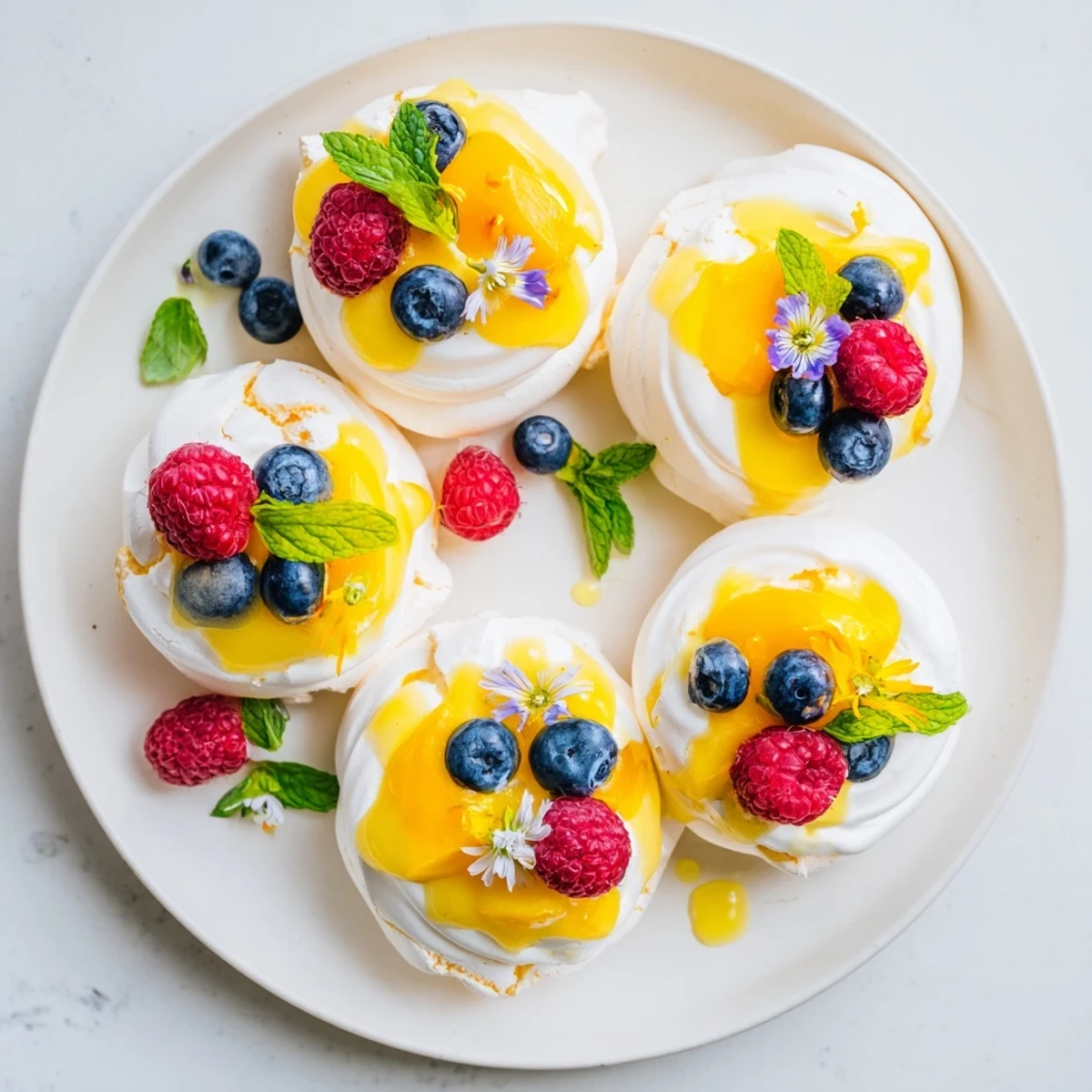 Crisp meringue shells filled with tangy lemon orange curd on white plate
