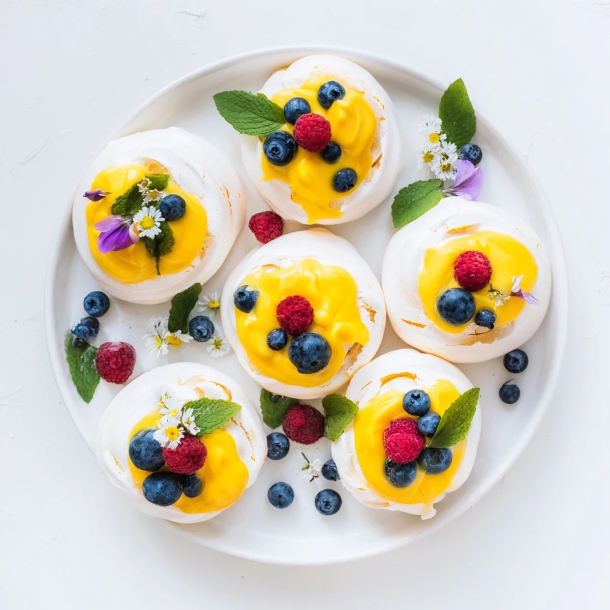 Golden meringues with citrus curd topped with fresh berries and mint leaves