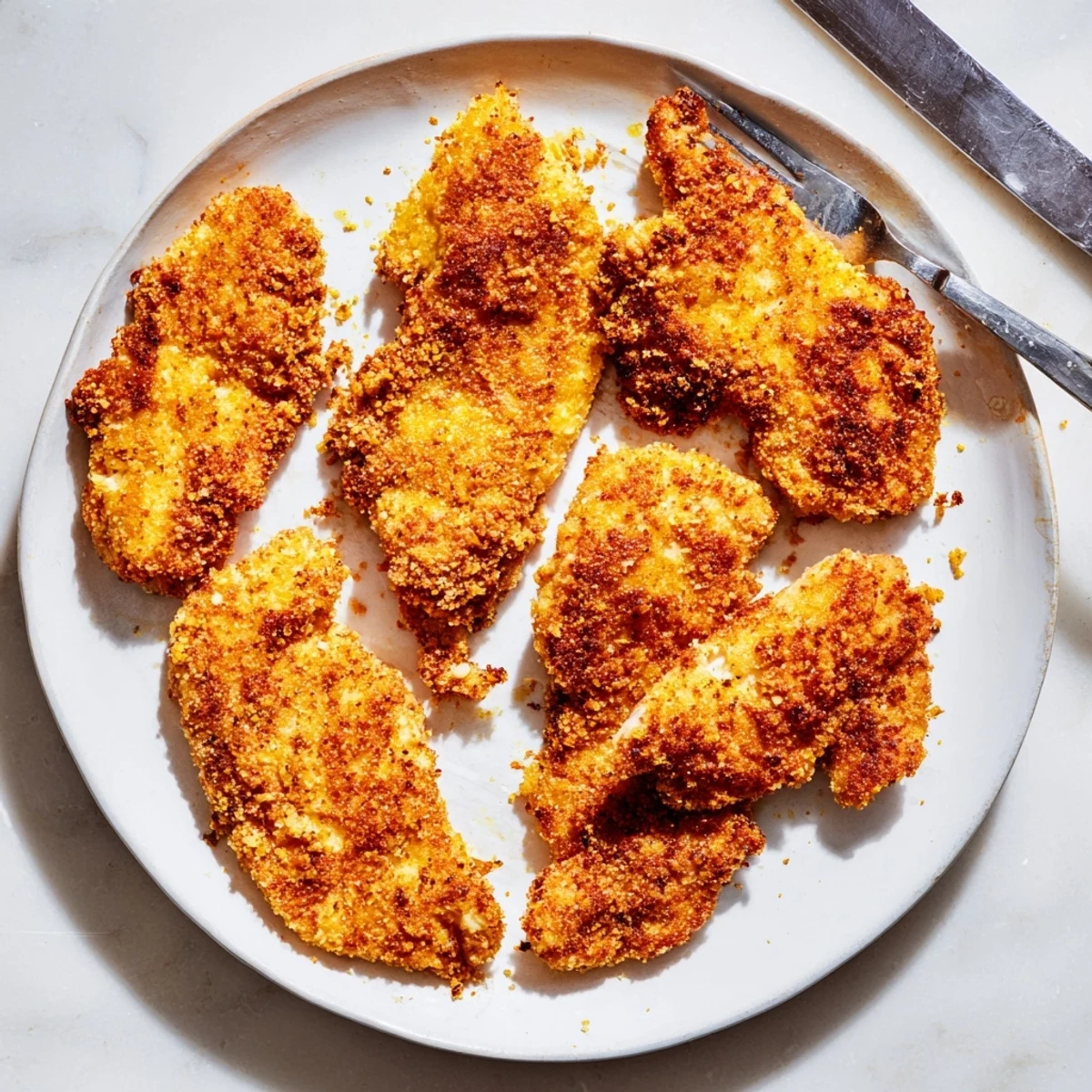 Golden brown crispy spicy jalapeño chicken breasts resting on a wire rack with visible jalapeño pieces in the crunchy cornmeal coating