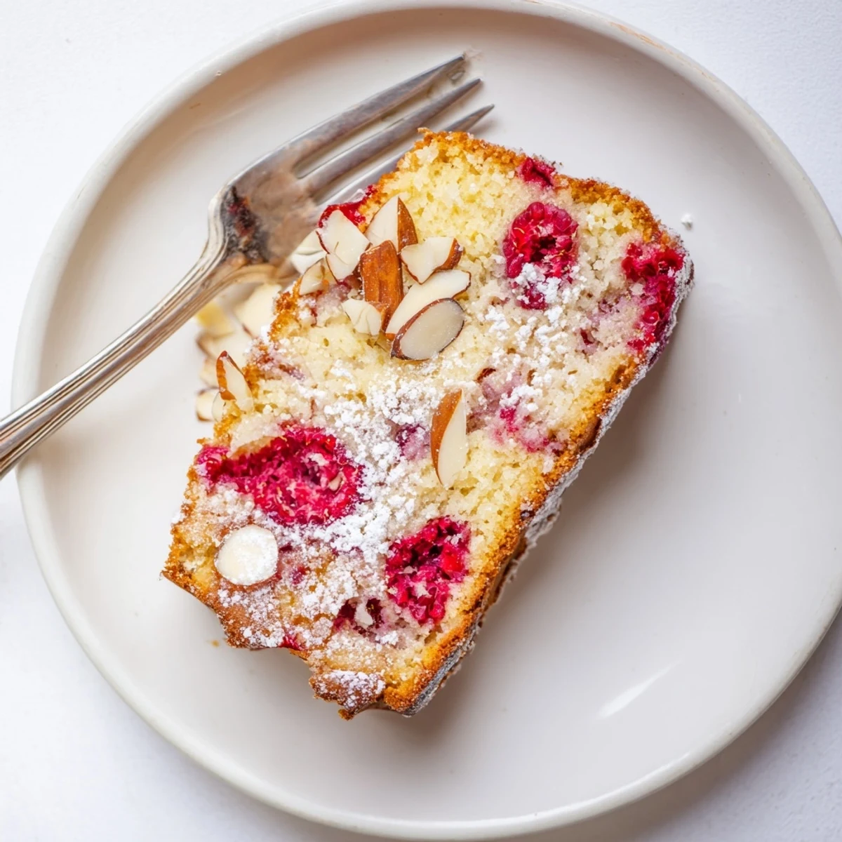 Golden almond raspberry cake sliced on a white serving plate with powdered sugar dusting