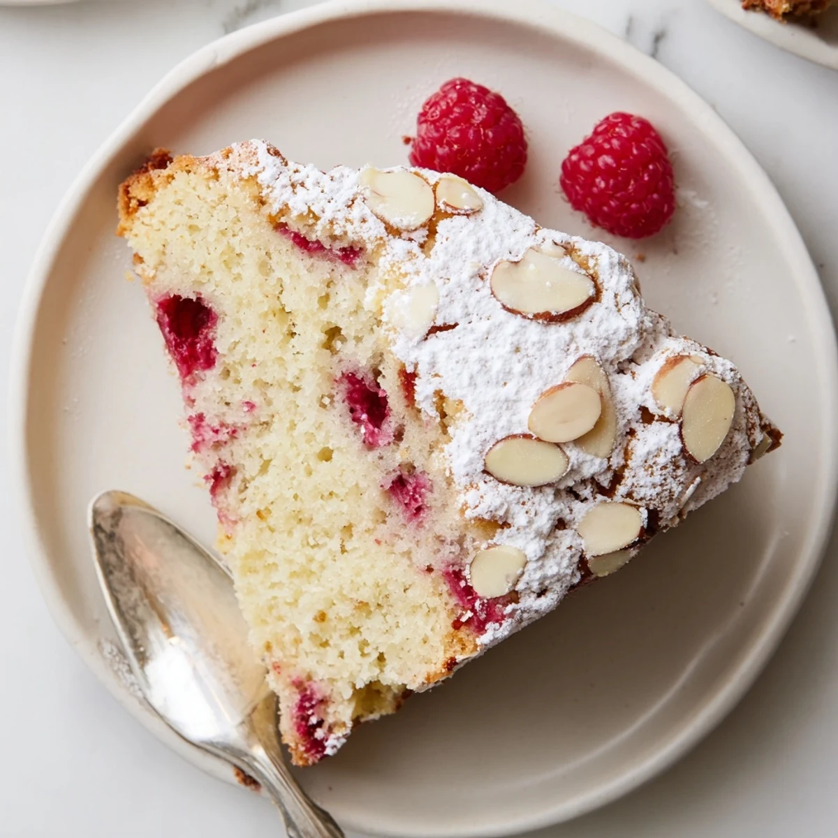 Moist almond raspberry cake close-up showing juicy red berries embedded in golden crumb