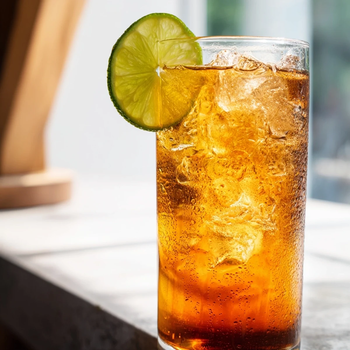 Golden amber Thai lime iced tea served over crushed ice in a clear glass