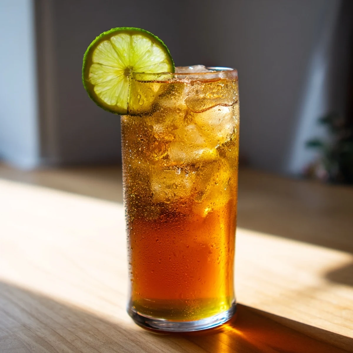 Garnished tall glass of Thai lime iced tea with fresh lime slice resting on ice
