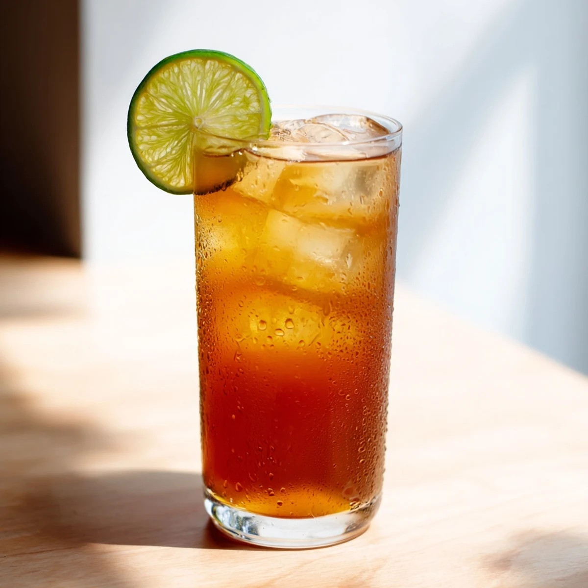 Refreshing Thai lime iced tea with citrus garnish cooling in a tall frosty glass