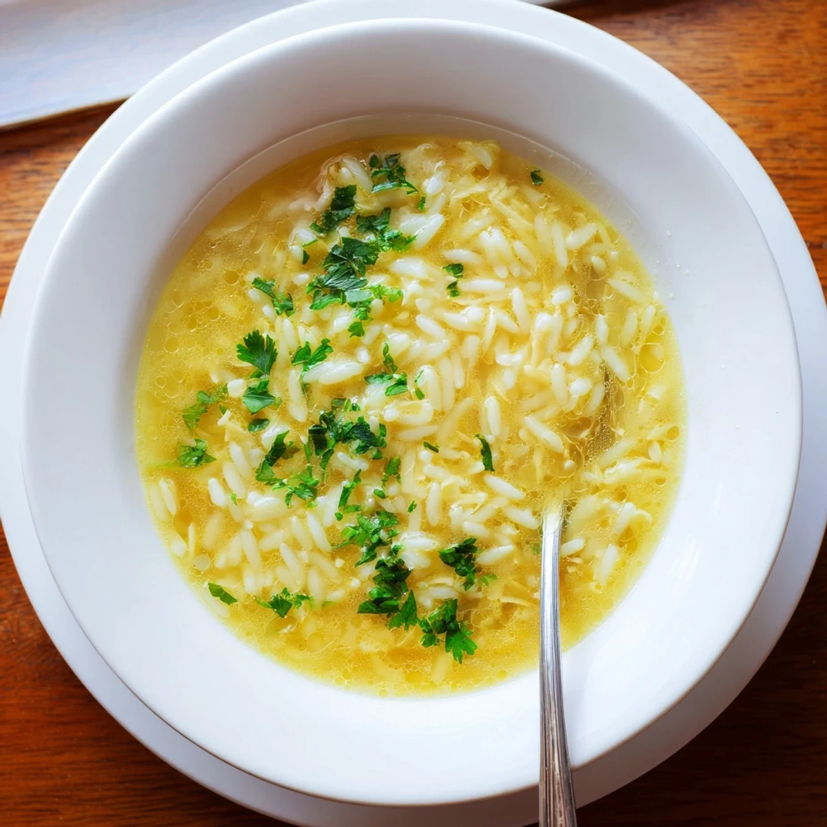 Creamy Greek Egg and Lemon Soup garnished with fresh dill in a white bowl