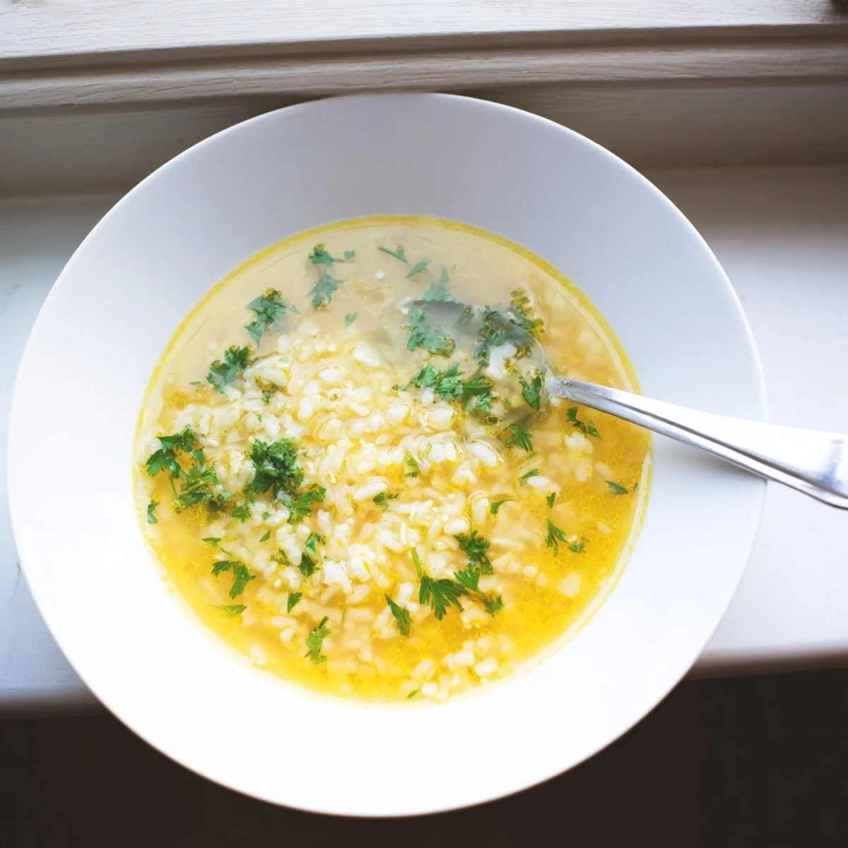 Golden bowl of Avgolemono soup featuring tender rice and silky egg-lemon broth