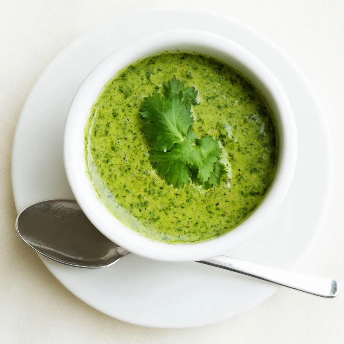 Vibrant green Thai cilantro sauce drizzled over grilled chicken in small white bowl