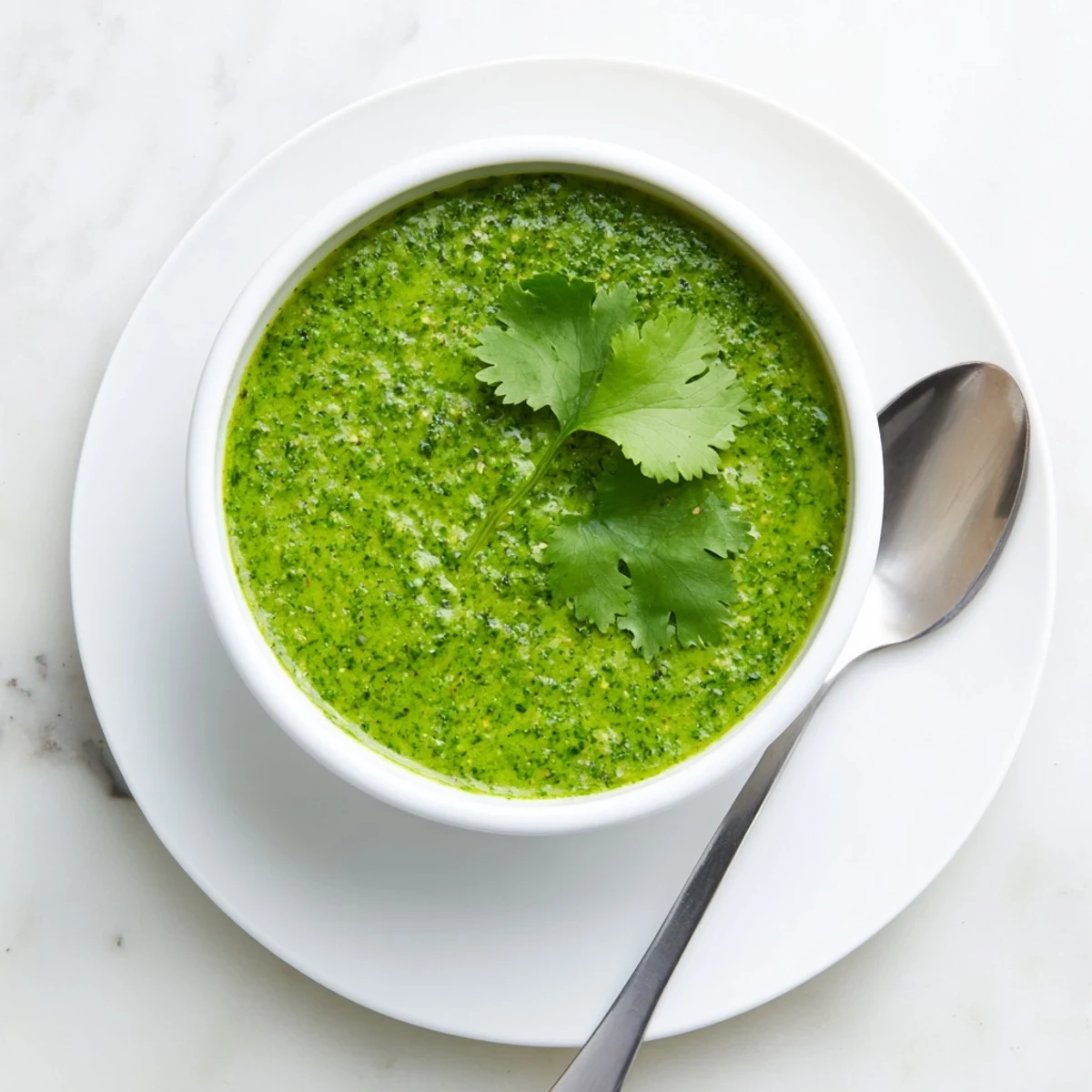 Glossy Thai cilantro sauce poured generously over roasted vegetables on white ceramic plate