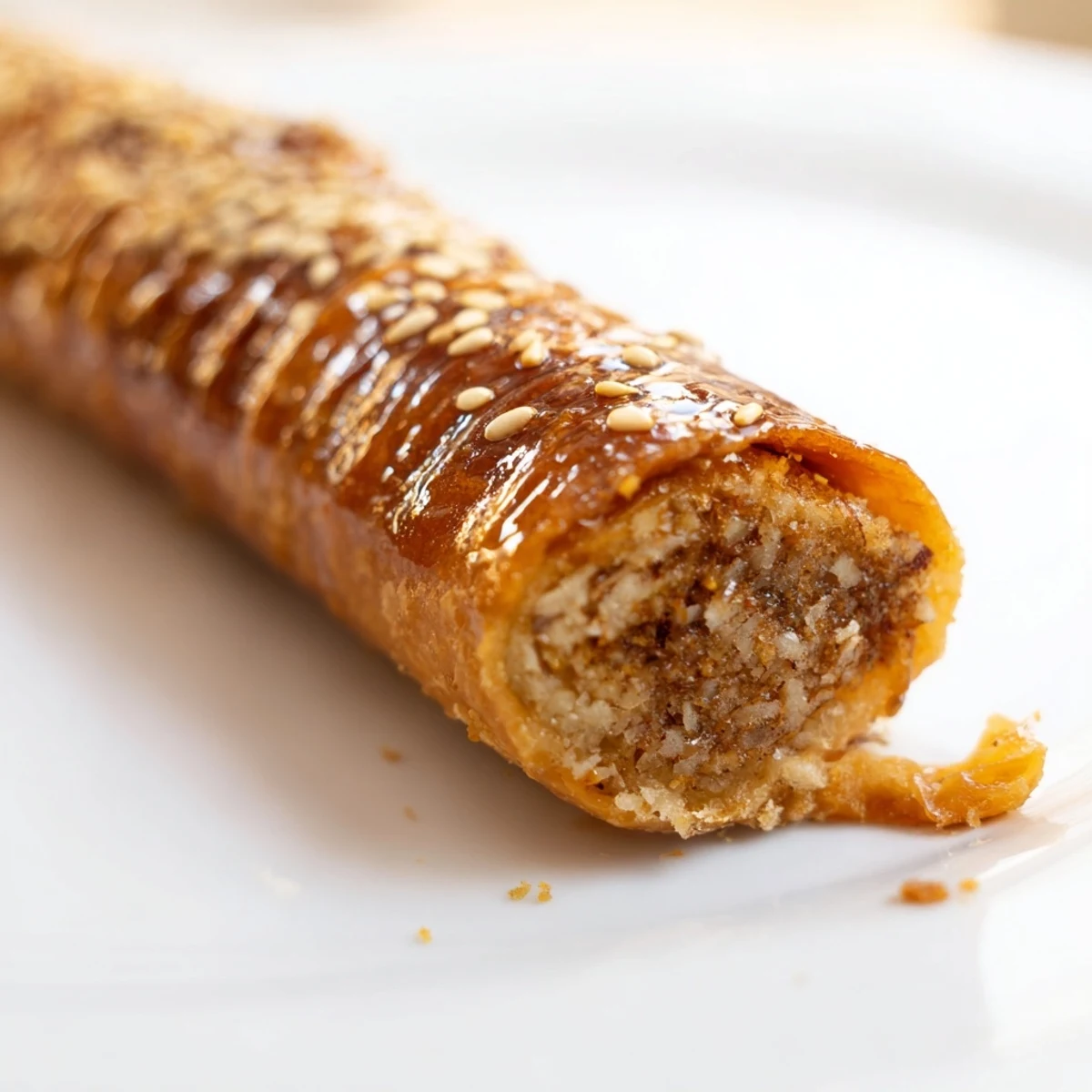Golden Moroccan honey almond cigars arranged on a decorative platter with sesame seed garnish