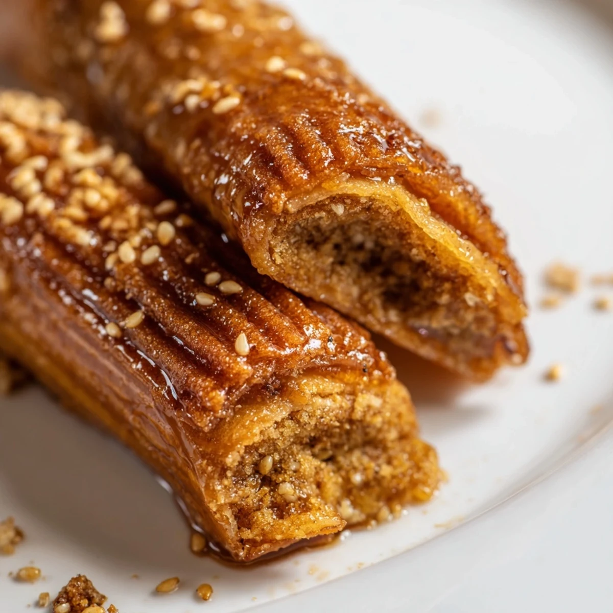 Close-up of honey-glazed Moroccan almond cigars showcasing their golden brown phyllo pastry texture