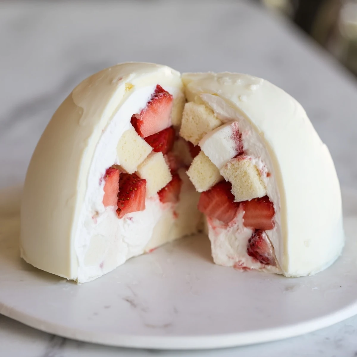 White chocolate Easter egg filled with fluffy strawberry shortcake layers and whipped cream