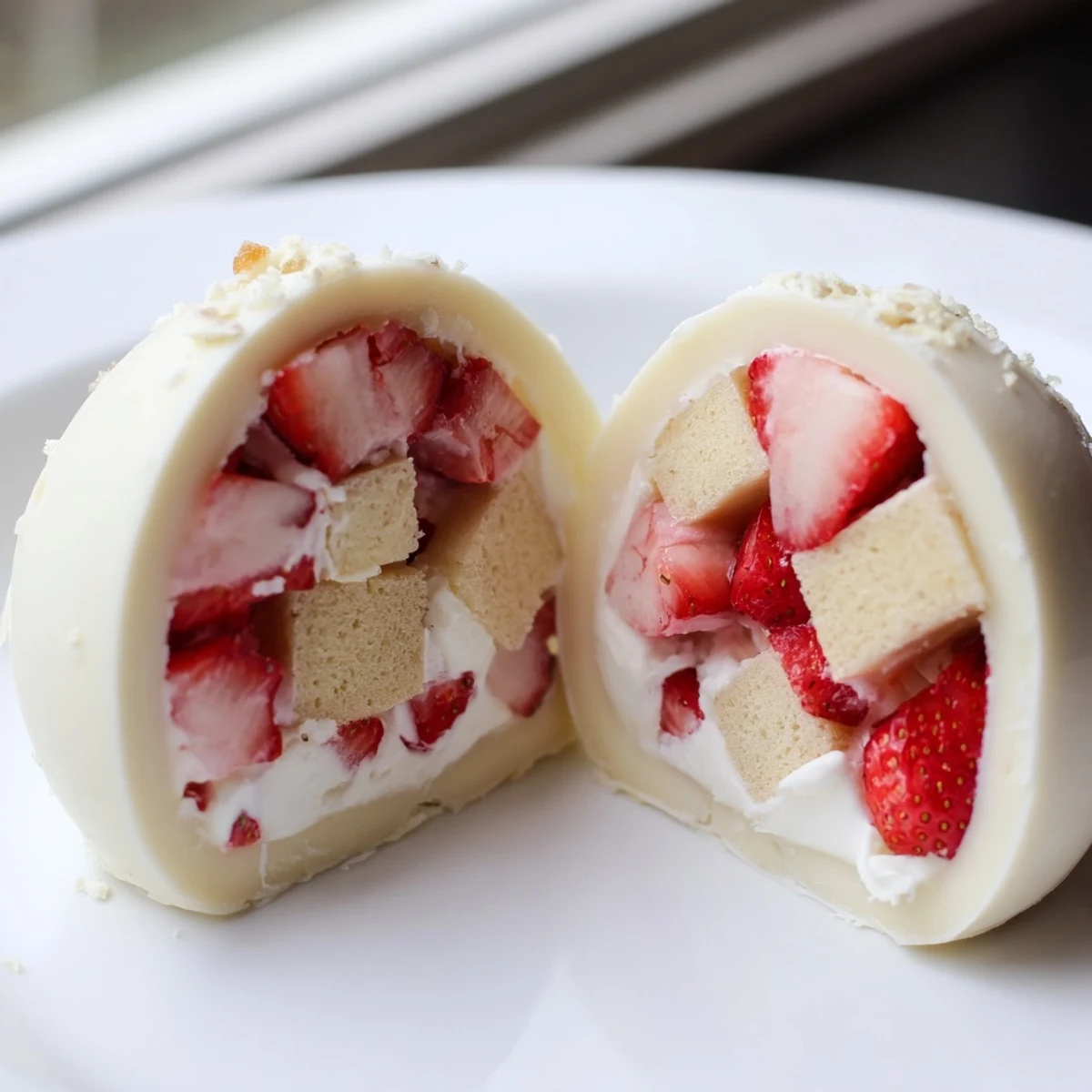 Playful Easter dessert with white chocolate shell hiding strawberry shortcake and whipped cream layers