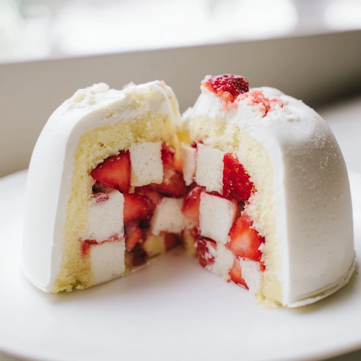 Sweet strawberries and creamy shortcake filling inside a festive white chocolate Easter egg bomb