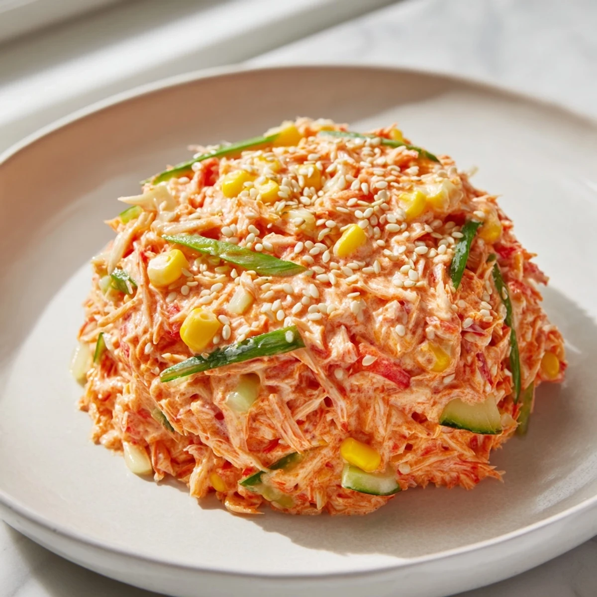 Japanese-inspired spicy kani salad featuring imitation crab sticks mixed with julienned vegetables and coated in a spicy mayonnaise sauce