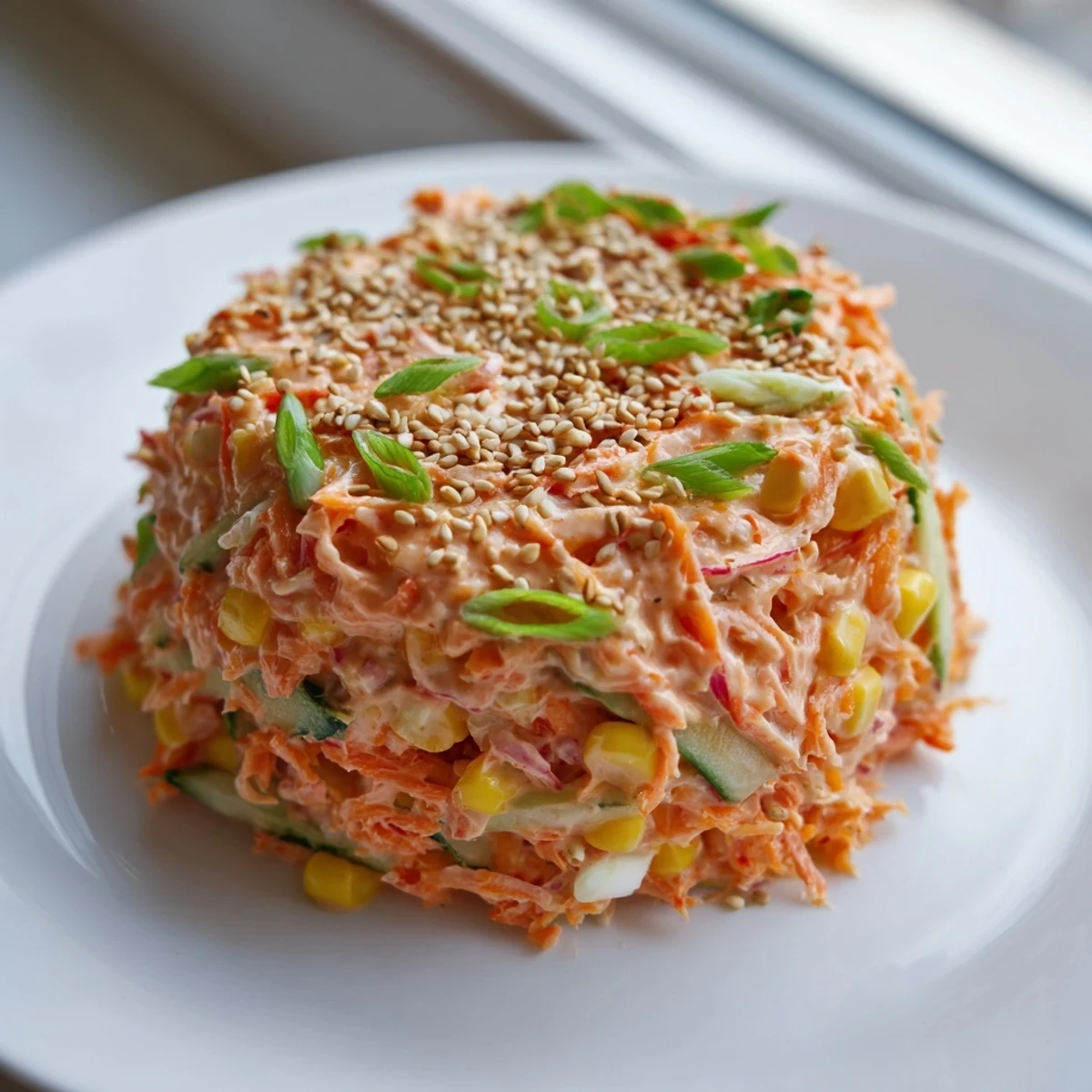 Colorful bowl of spicy kani salad with shredded crab, crisp cucumber and carrot strips in creamy sriracha mayo dressing garnished with sesame seeds