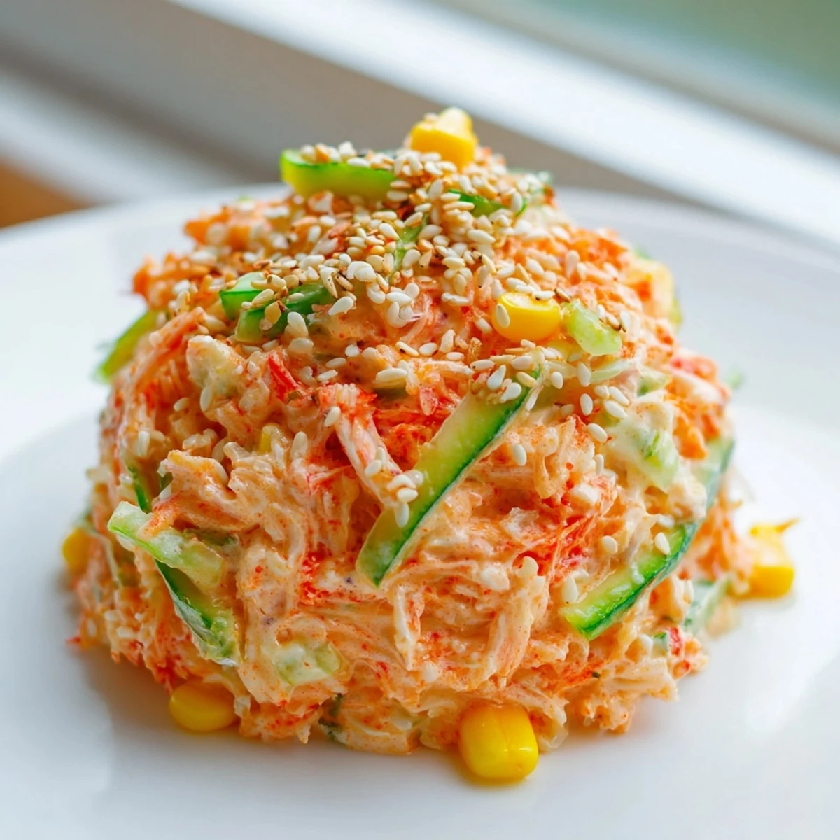Chilled spicy kani salad arranged in a white bowl with bright orange crab, green cucumbers, carrots and toasted sesame seed topping