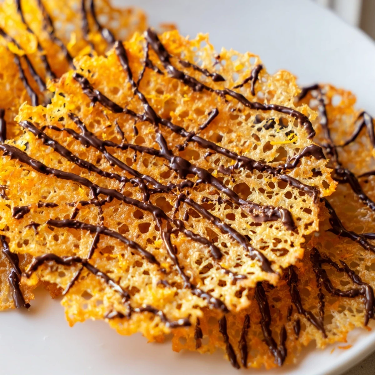 Golden brown crispy orange lace cookies with delicate holes and bright citrus zest scattered on a white platter