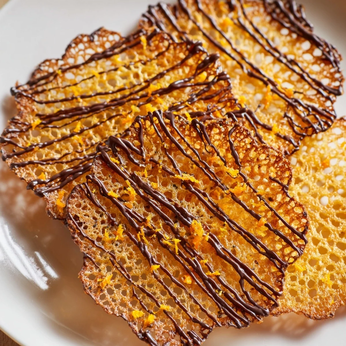 Thin lacy orange cookies cooling on a wire rack with transparent centers and caramelized crispy edges