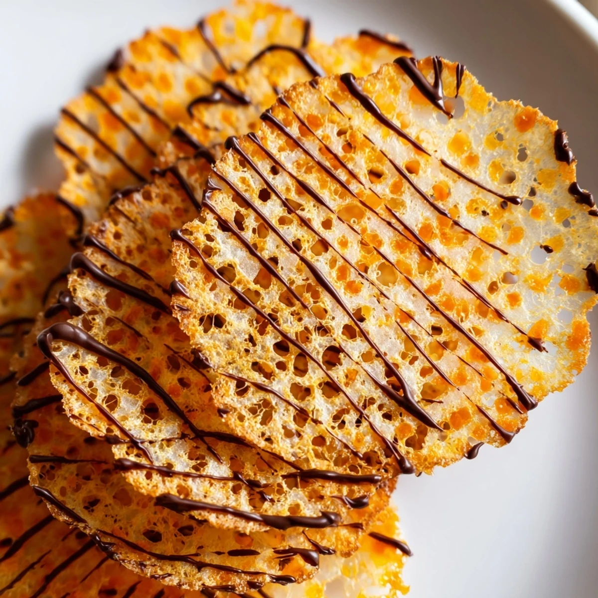 Close-up of crispy orange lace cookies showing intricate patterned texture and optional dark chocolate drizzle on dessert plate