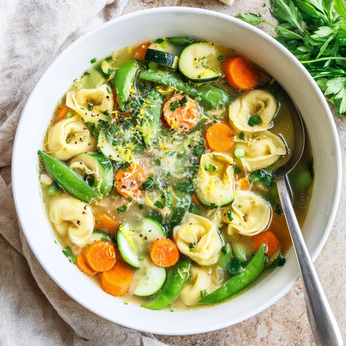 Golden Parmesan-topped Spring Tortellini Soup served in rustic bowls with lemon zest and fresh parsley garnish