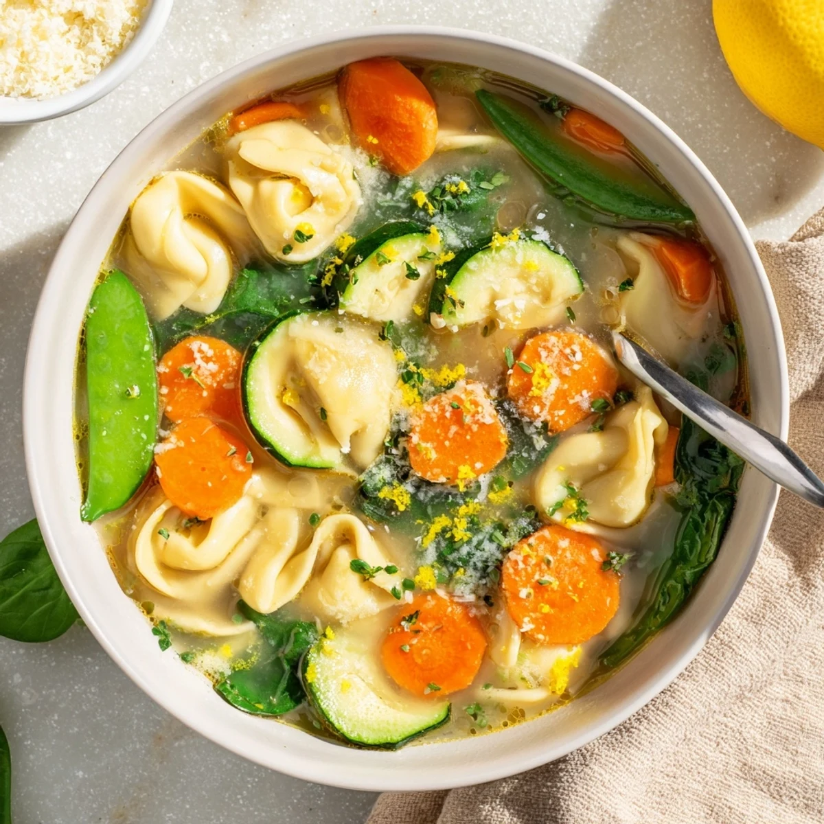 Vibrant Spring Tortellini Soup featuring cheese pasta, tender carrots, zucchini, and bright green snap peas