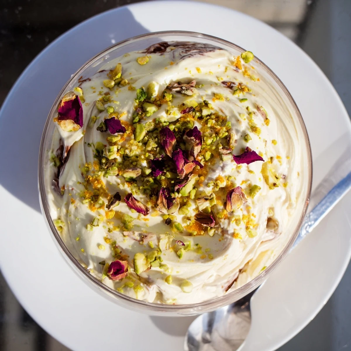 Elegant individual glasses of Lebanese Date Blossom Mousse garnished with rose petals and nuts