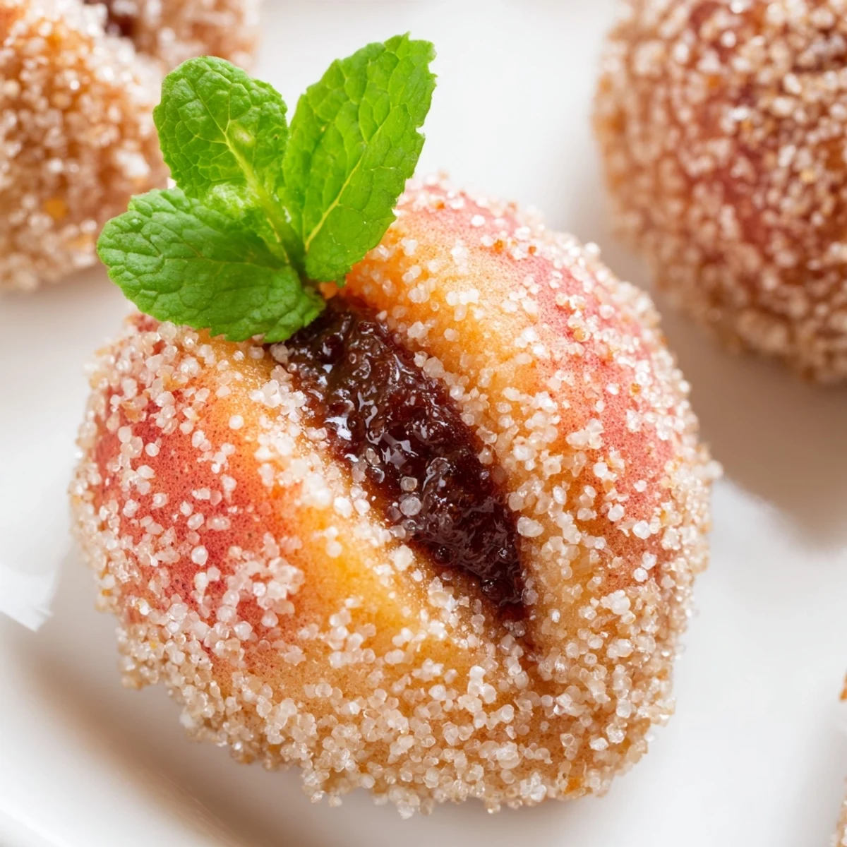 Golden Italian peach cookies filled with chocolate jam and rolled in sparkling sugar