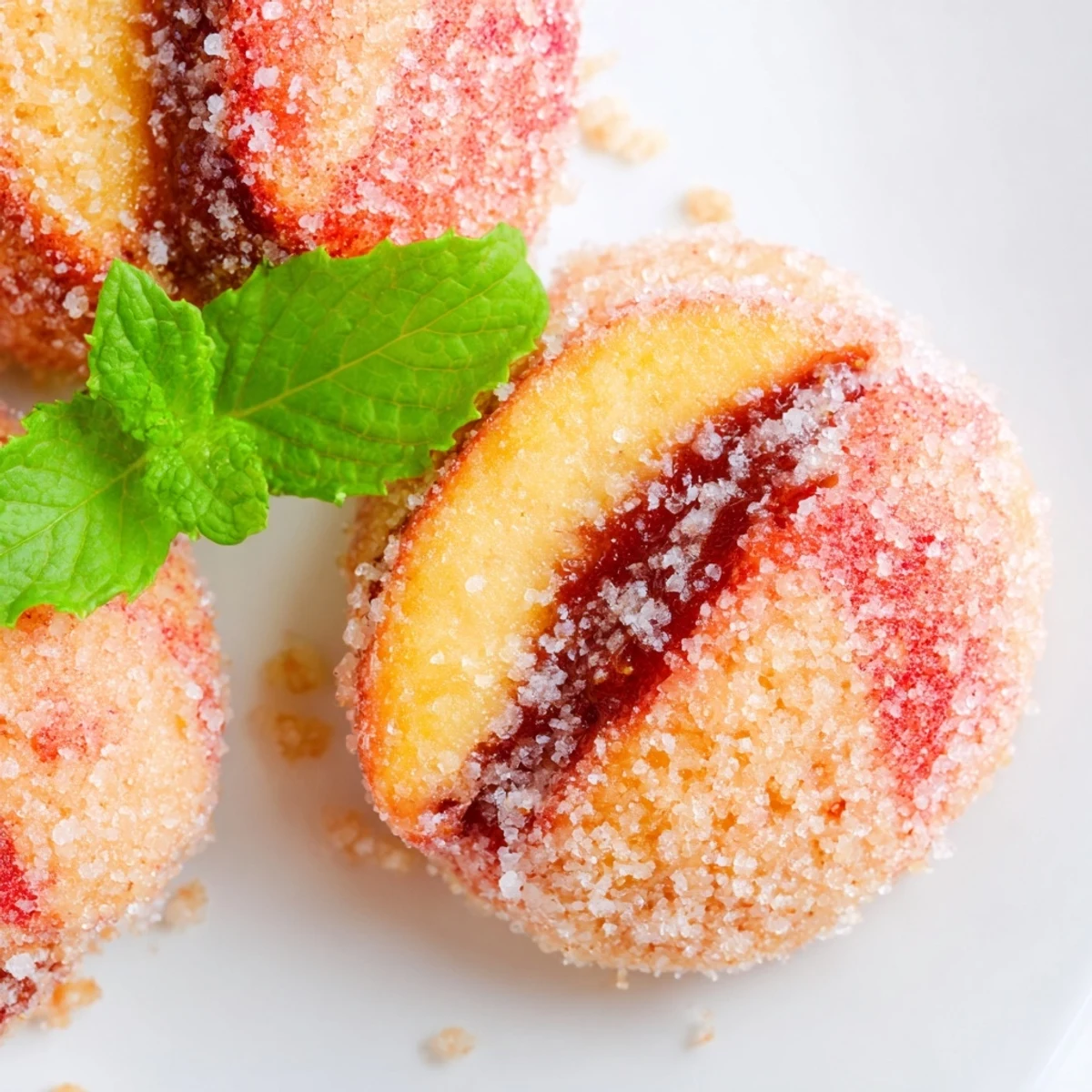 Peach-shaped sandwich cookies colored realistically with mint leaves and sweet chocolate filling