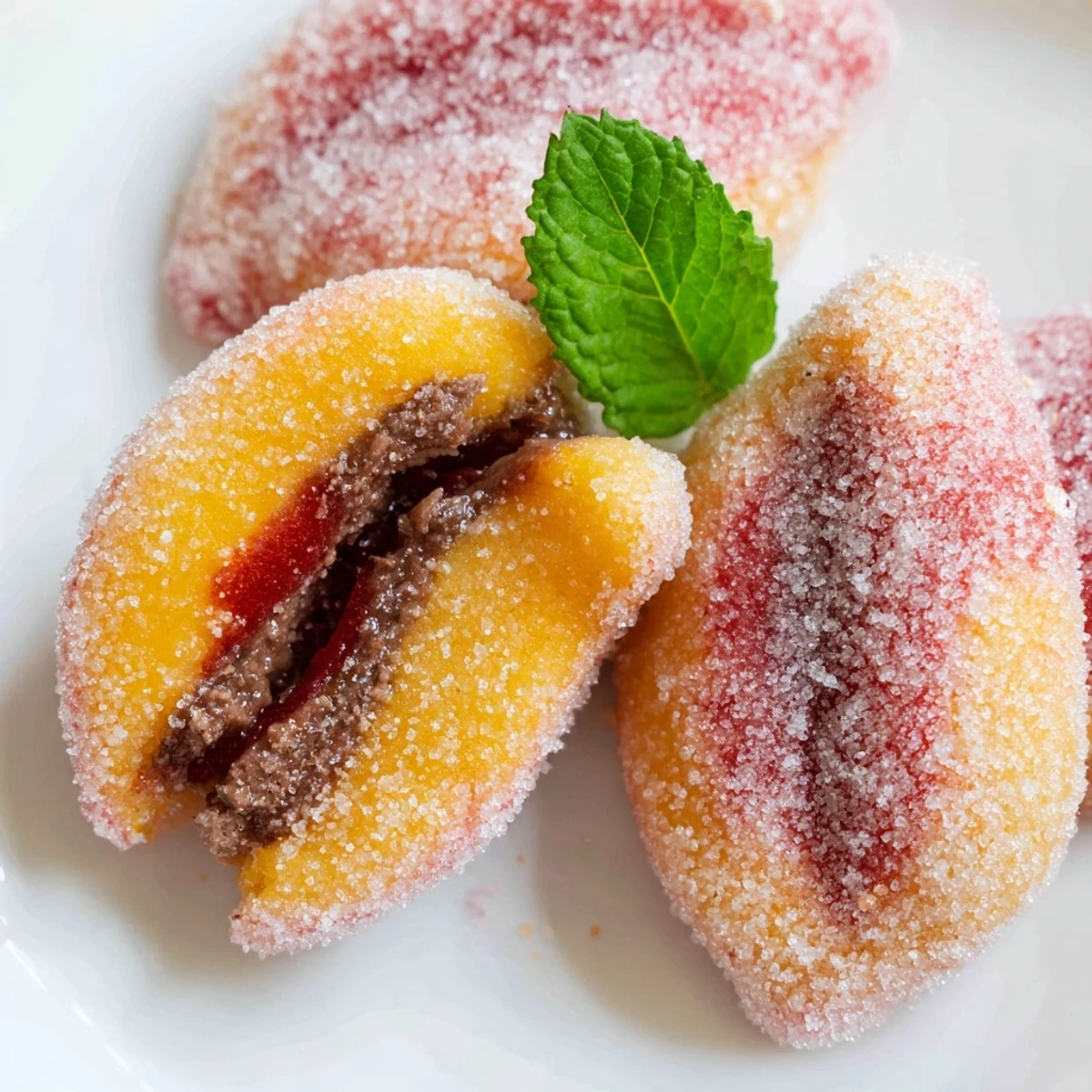 Traditional Italian peach cookies featuring jam chocolate centers and sugary festive coating