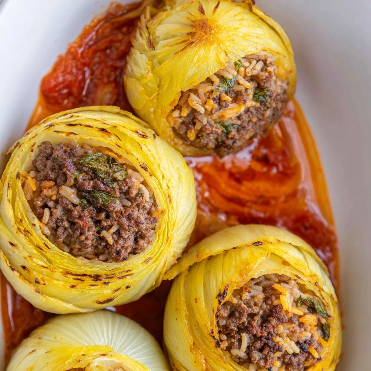 Golden Greek stuffed onions simmering in rich tomato sauce with beef and rice filling