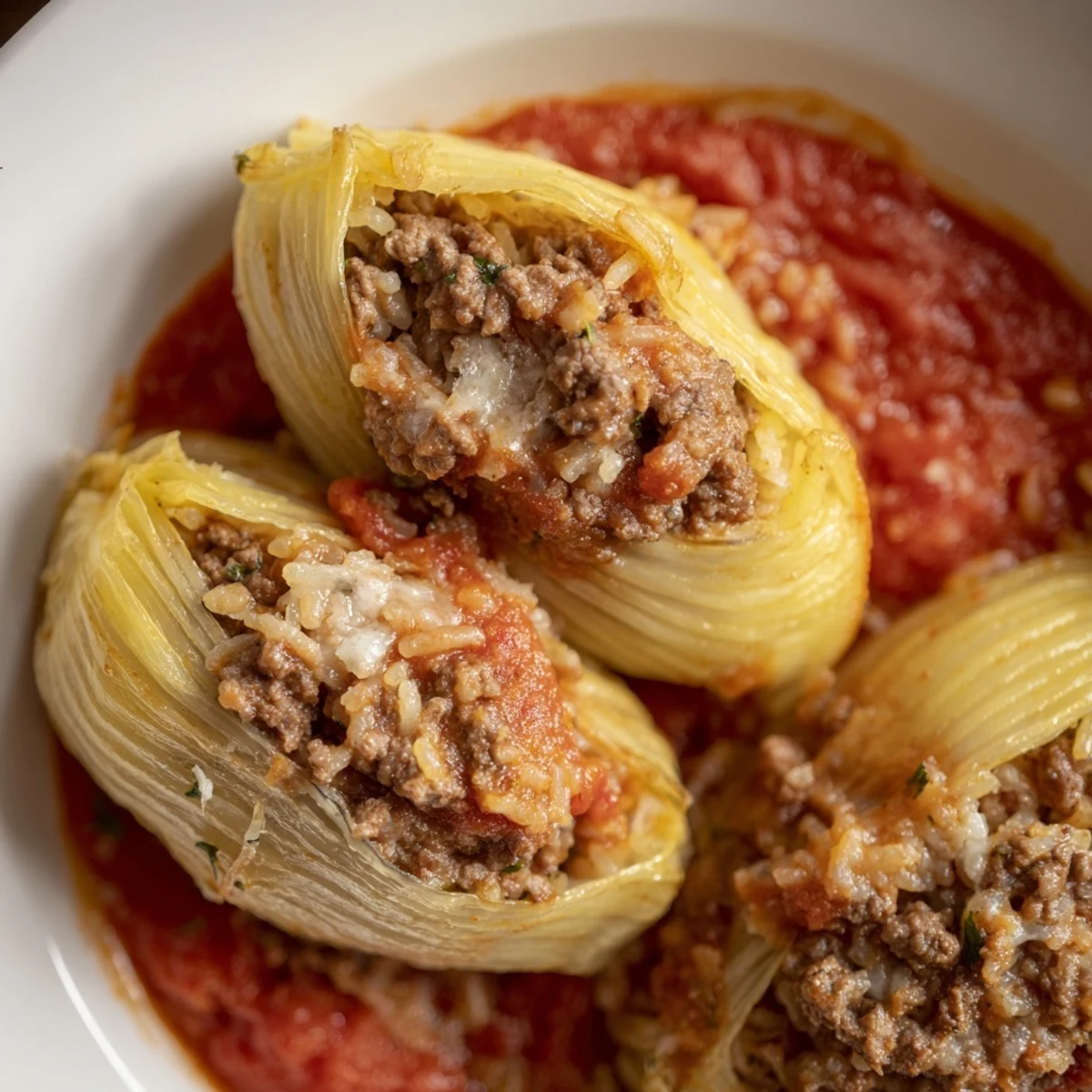 Tender baked onion layers wrapped around savory ground beef rice mixture in tomato broth