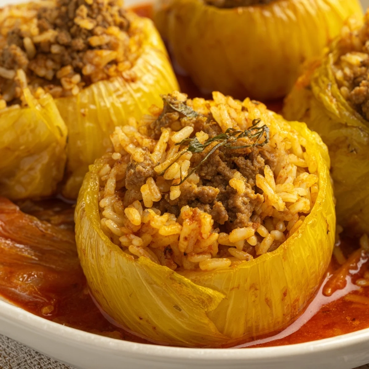Greek stuffed onions plated with crusty bread, showing tender beef and herb filling spilling out