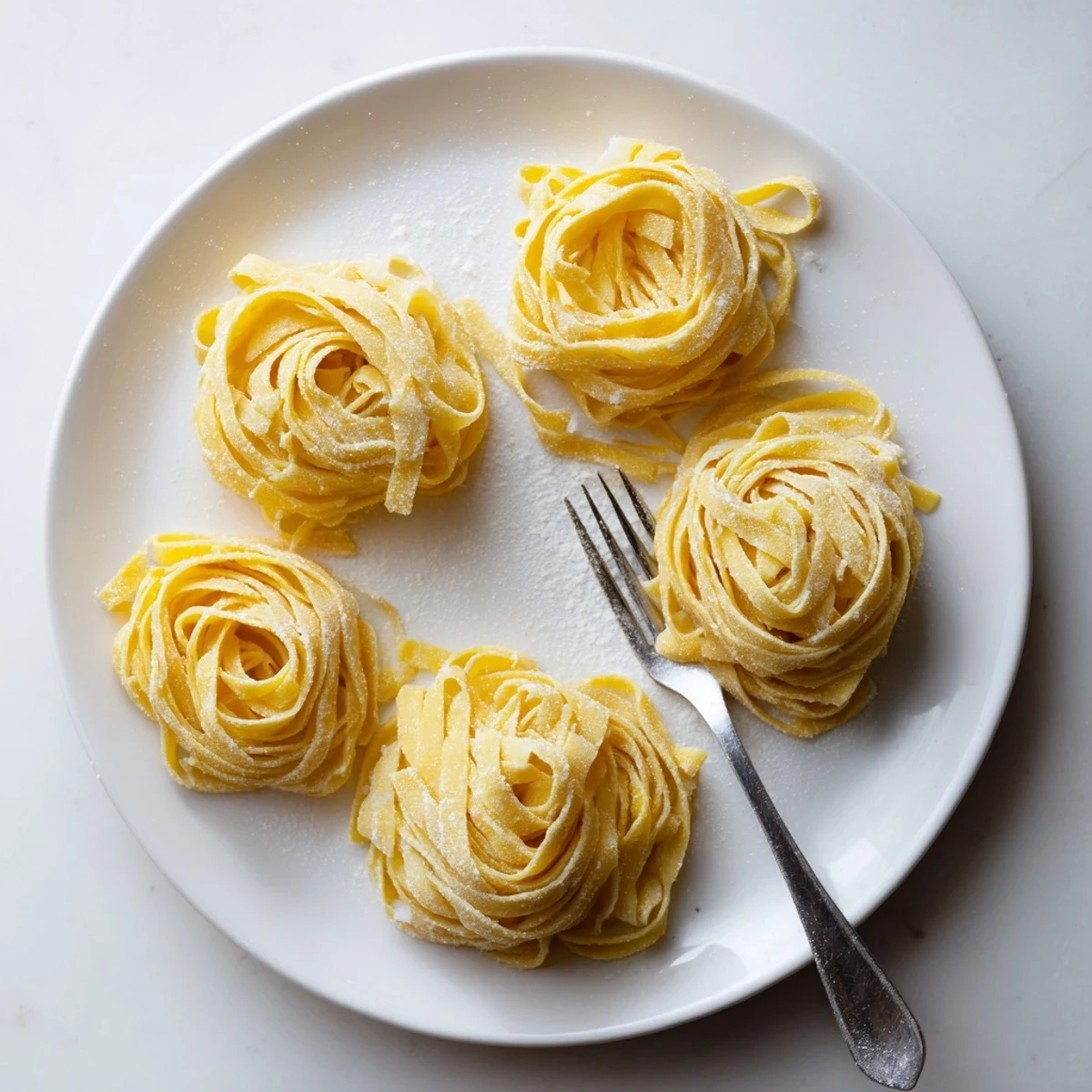 Fresh homemade sourdough pasta strands dusted with flour on a wooden cutting board