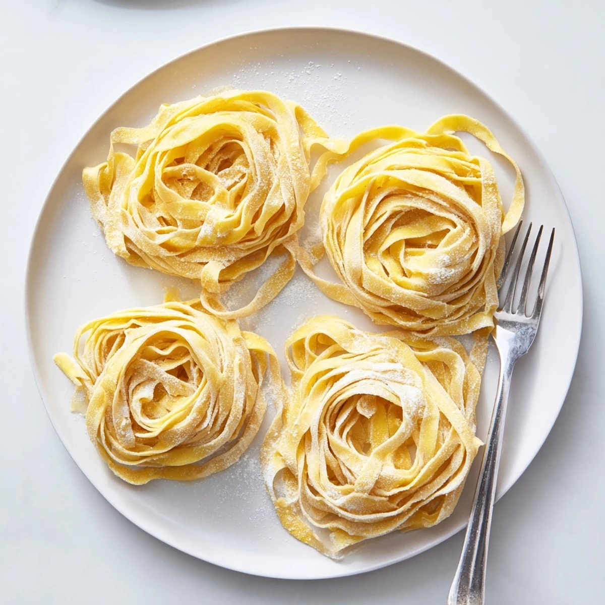 Plate of al dente homemade sourdough pasta tossed with fragrant basil pesto sauce