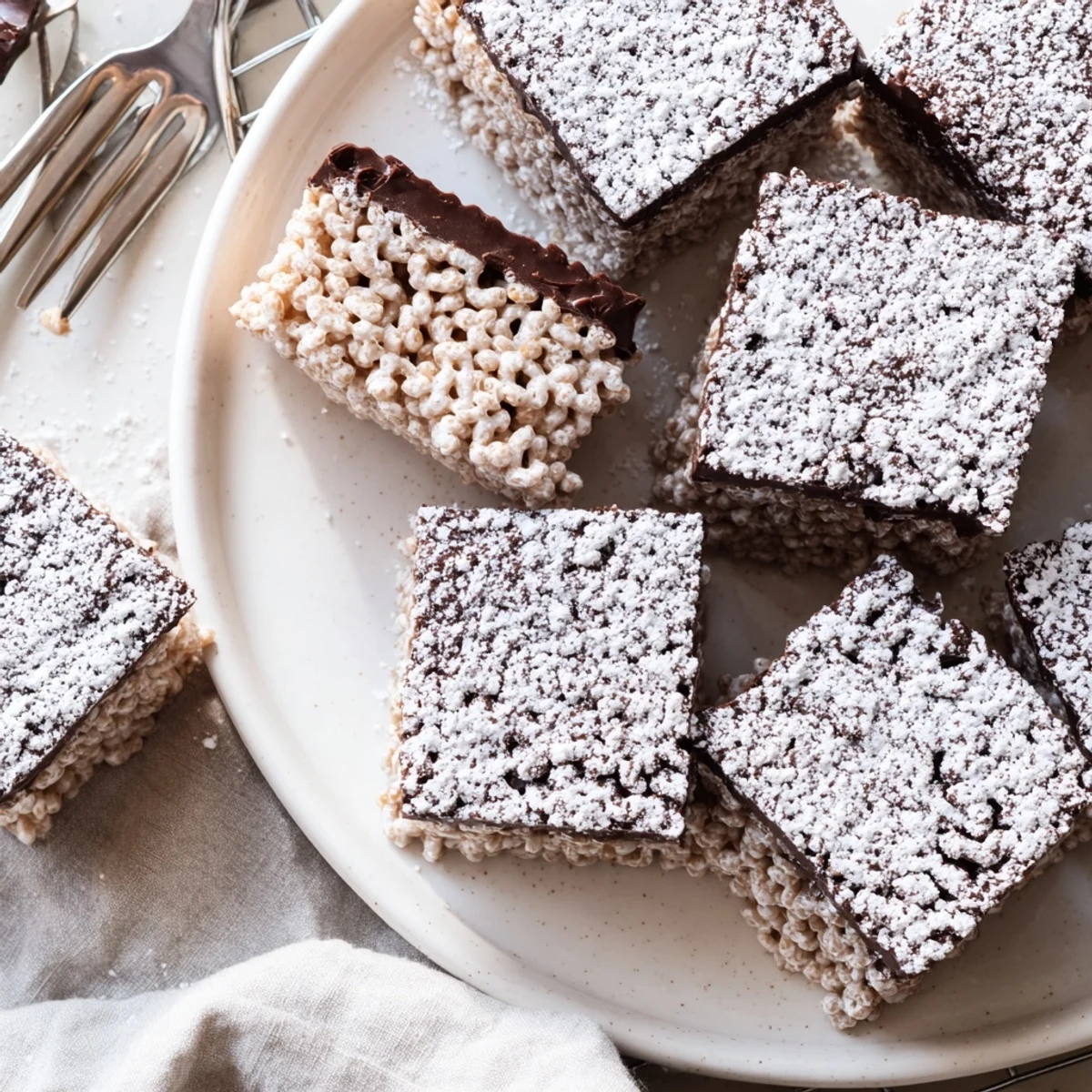 Muddy Buddy Rice Krispies squares coated in white powdered sugar on a serving platter