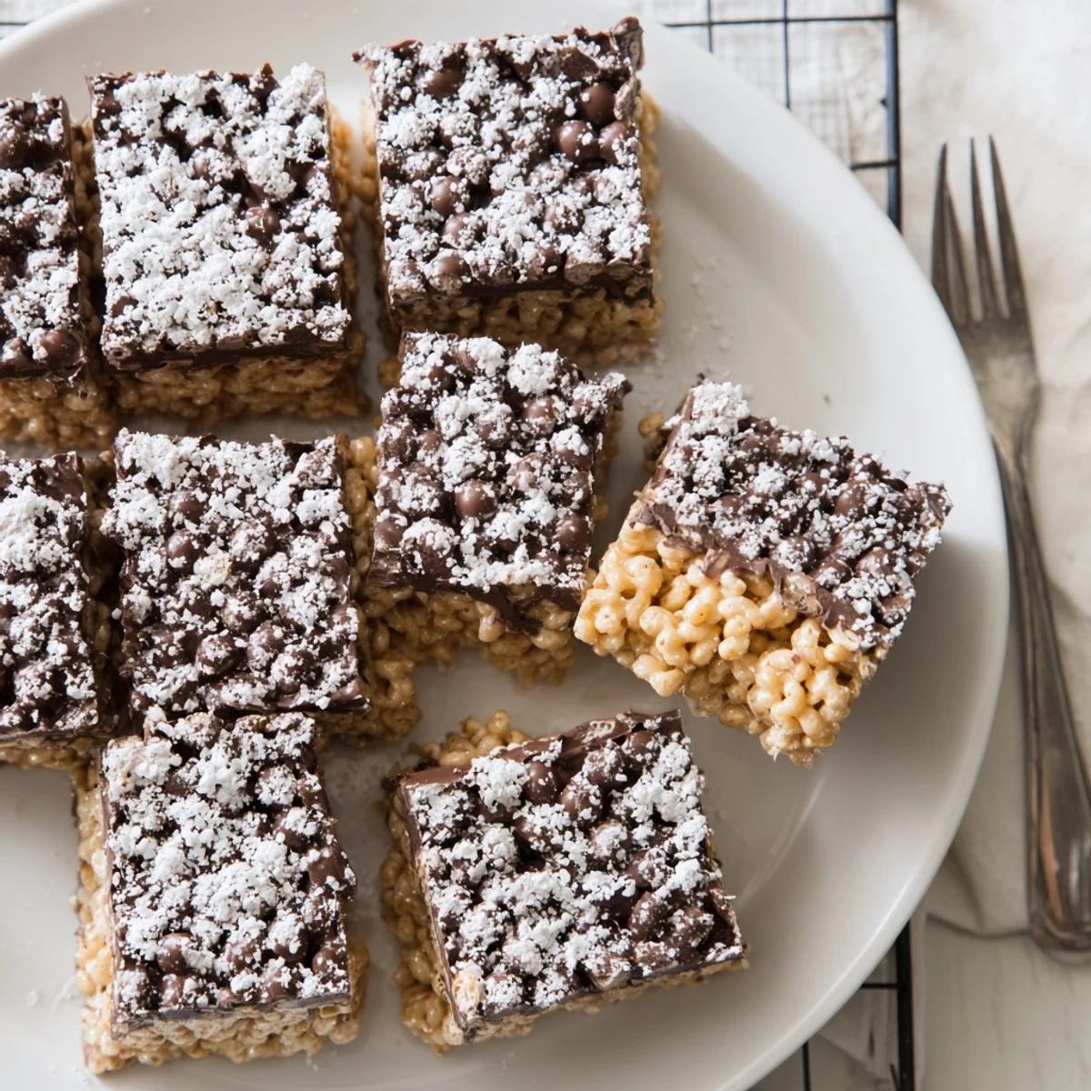 Homemade Muddy Buddy Rice Krispies dessert with chocolate peanut butter drizzle and sugar dusting