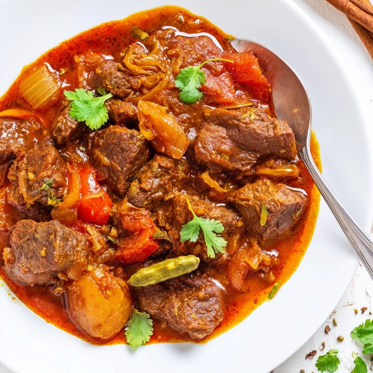 Tender beef chunks simmered in rich Indian beef curry with aromatic spices and coconut milk.