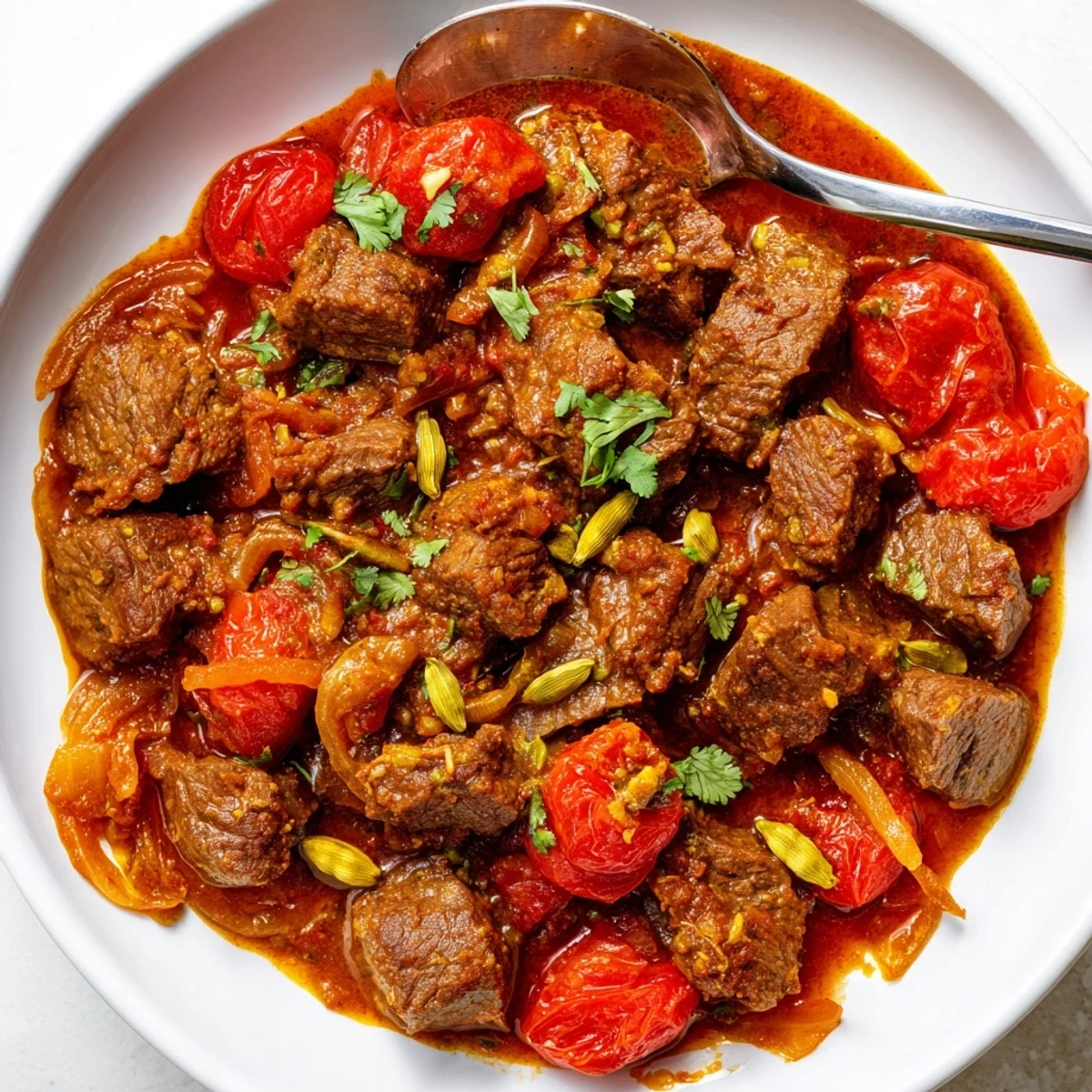 Hearty bowl of Indian beef curry featuring melt-in-your-mouth beef in a thick, spiced sauce.