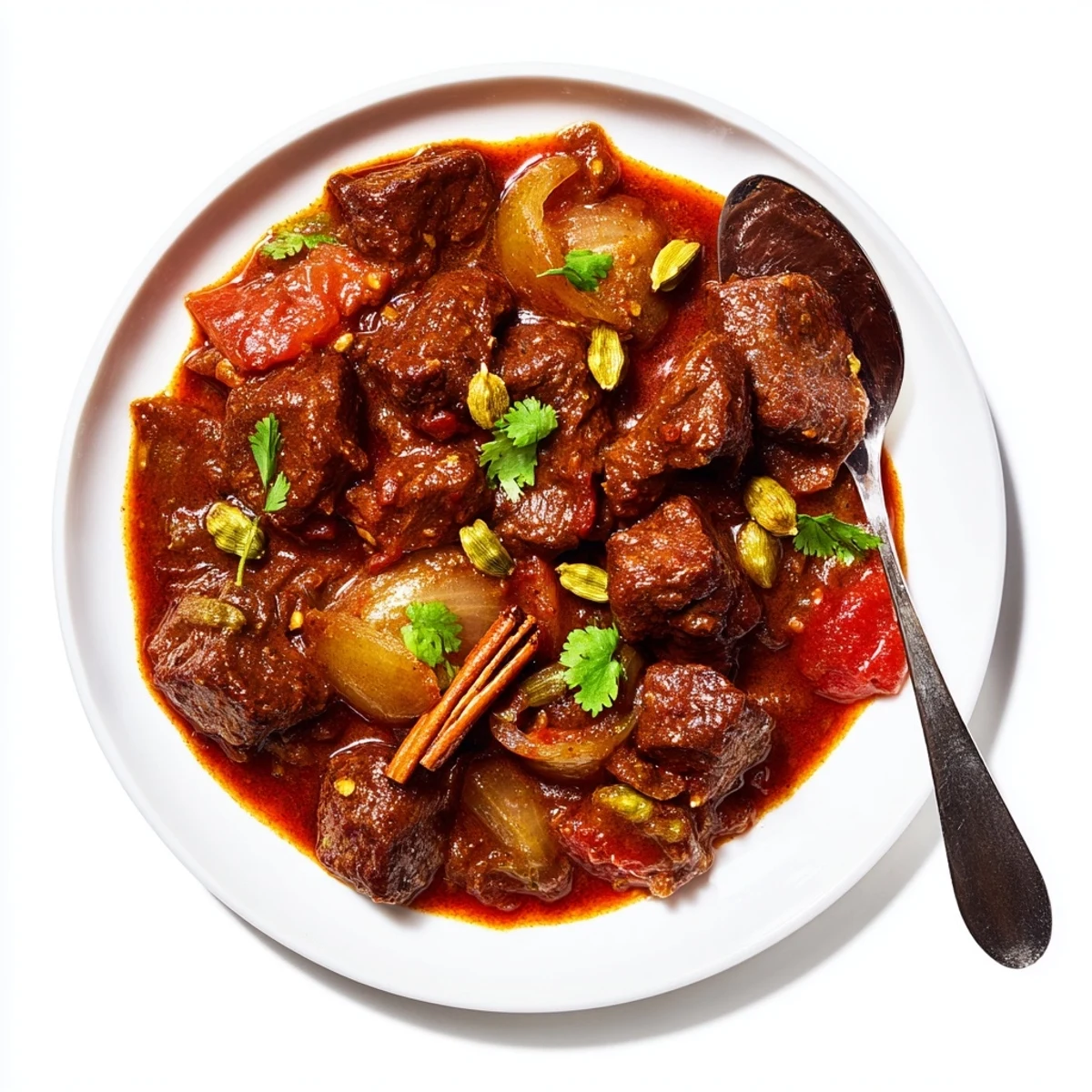 Golden Indian beef curry served over steamed basmati rice and garnished with fresh cilantro.