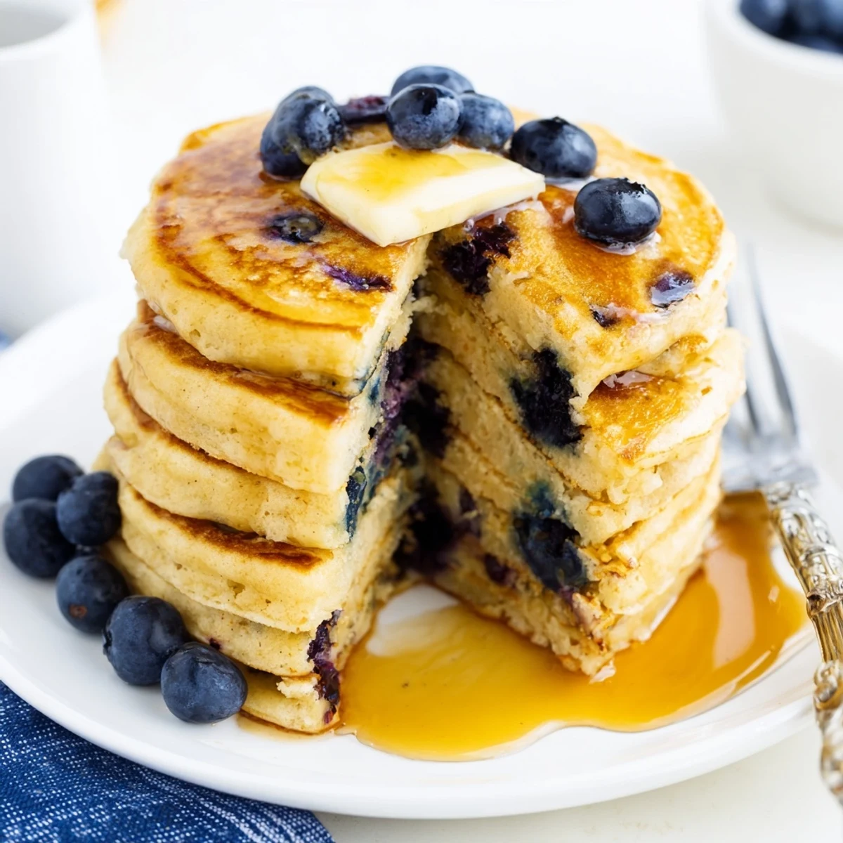 Stack of golden fluffy Greek yogurt blueberry pancakes drizzled with warm maple syrup