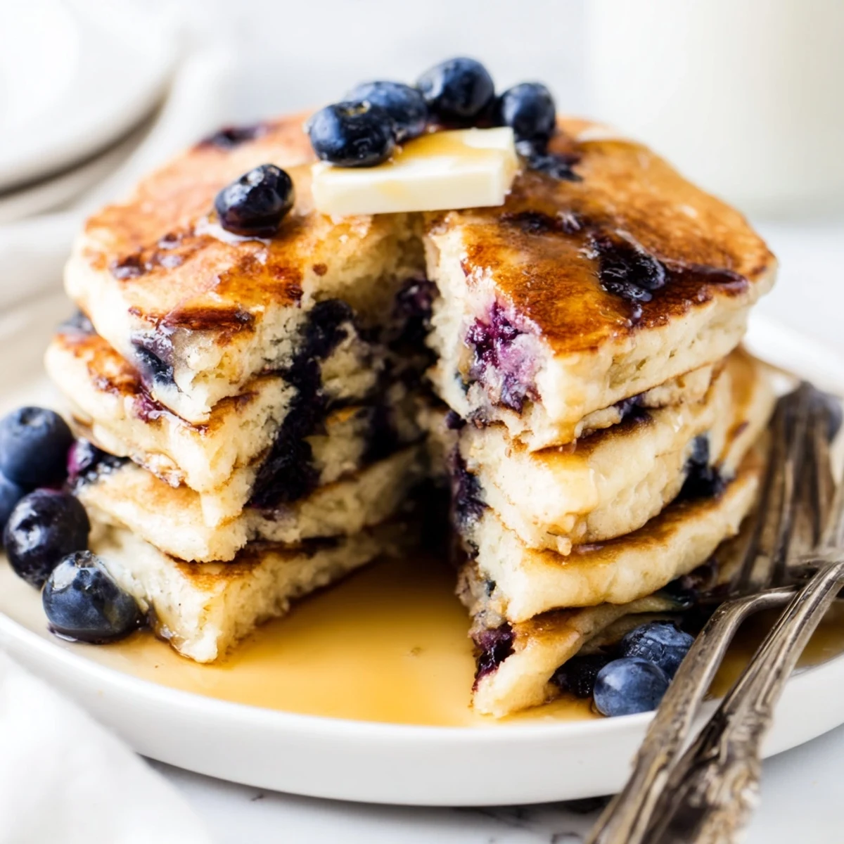 Light and airy Greek yogurt blueberry pancakes bursting with fresh juicy berries on a white plate